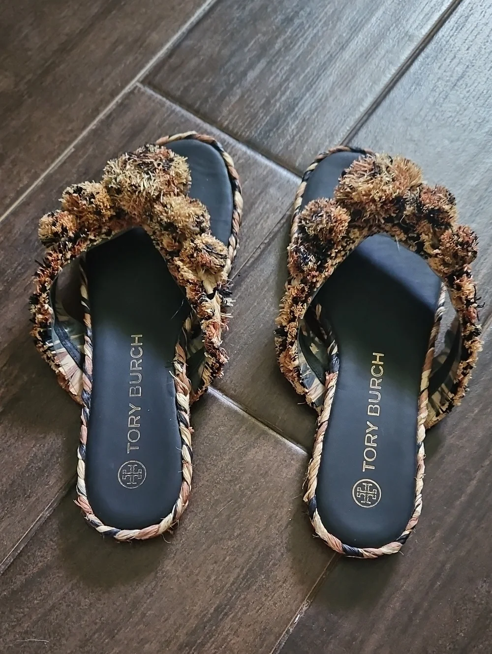 Tory Burch Black Footbed Pom-Pom Braided Trim Slide Sandals